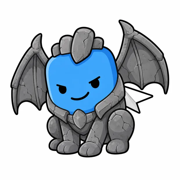 Atli come gargoyle di pietra con le ali, sorriso sghembo