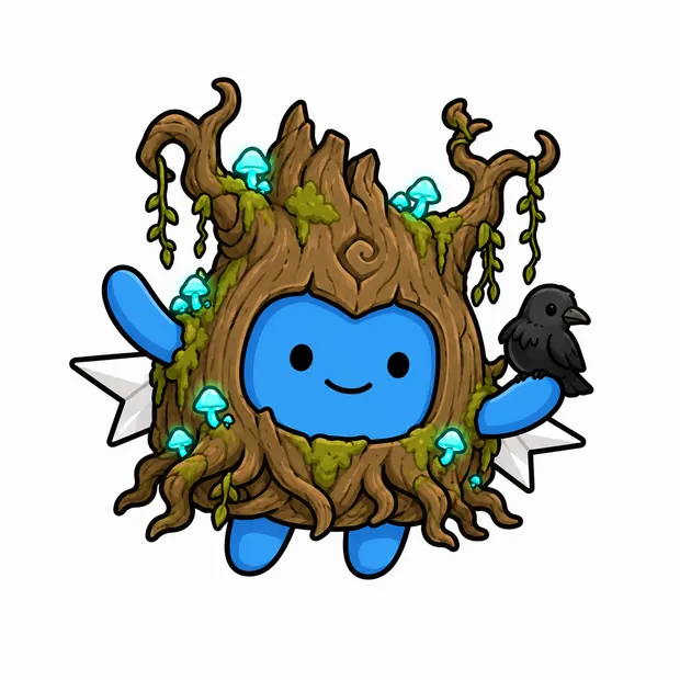 Atli come albero stregato nodoso con funghi luminosi e un corvo su un ramo