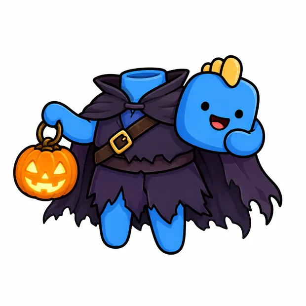 Atli come cavaliere senza testa, la propria testa sorridente sotto un braccio e una zucca nell'altro