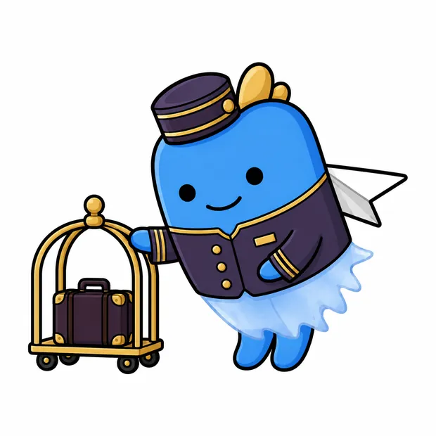Atli come fattorino fantasma in divisa blu, spinge un carrello portabagagli
