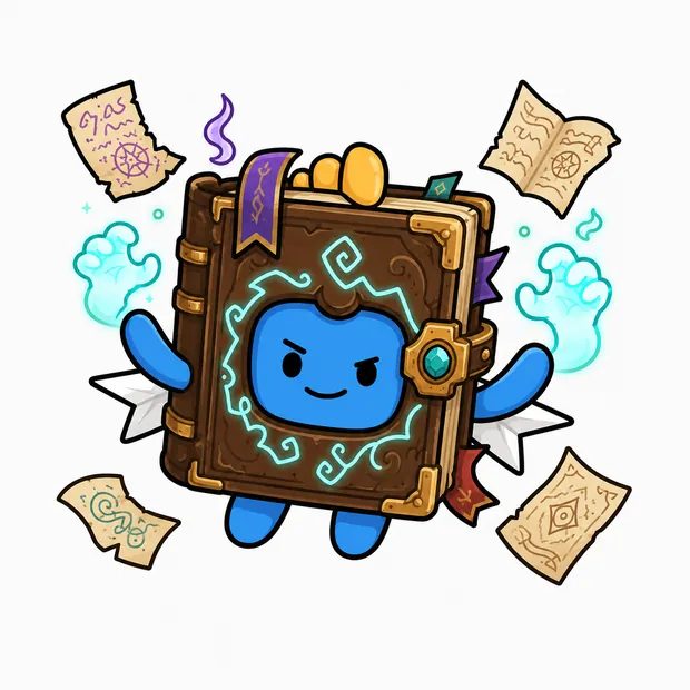 Atli come antico libro di incantesimi in cuoio, rune luminose e pagine che volano